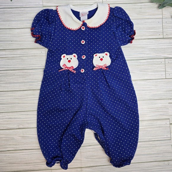 Buster Brown Vintage Baby Romper 6-9M Blue Polka Dot Teddy Bear Applique Buttons - Picture 1 of 7